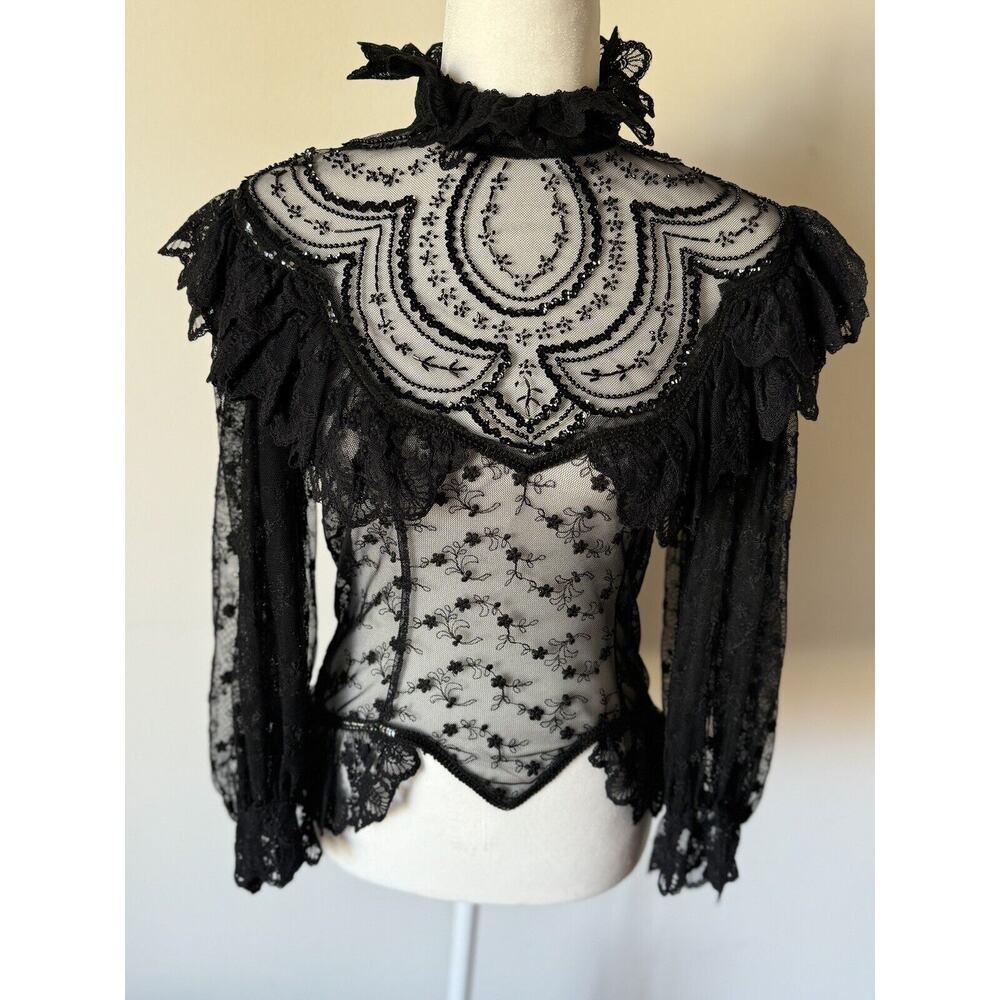 Vintage Edwardian Blouse Black Mesh Crochet Lace Puff Balloon Sleeve S/XS Gothic